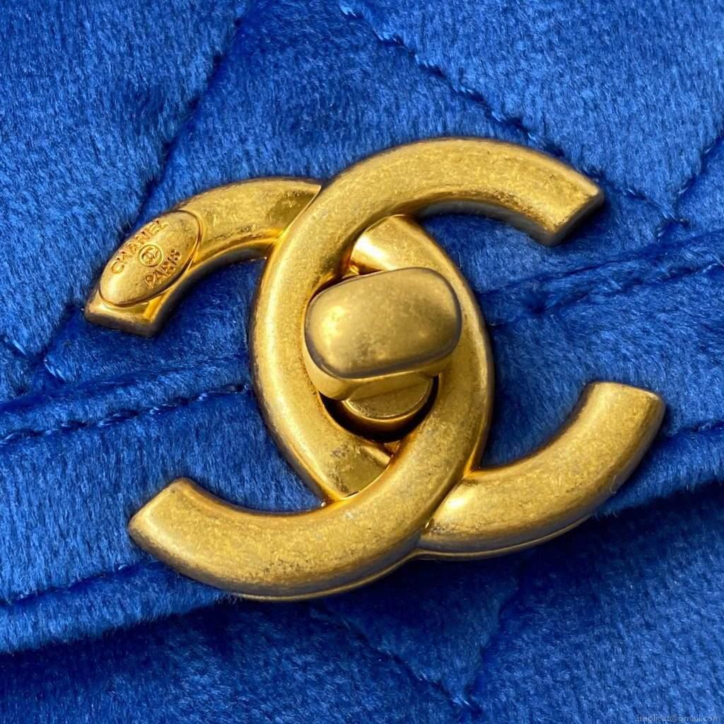 Chanel AS2597 Mini Flap Bag Velvet & Gold Tone Metal Blue