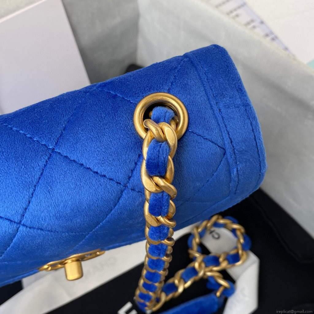 Chanel AS2597 Mini Flap Bag Velvet & Gold Tone Metal Blue