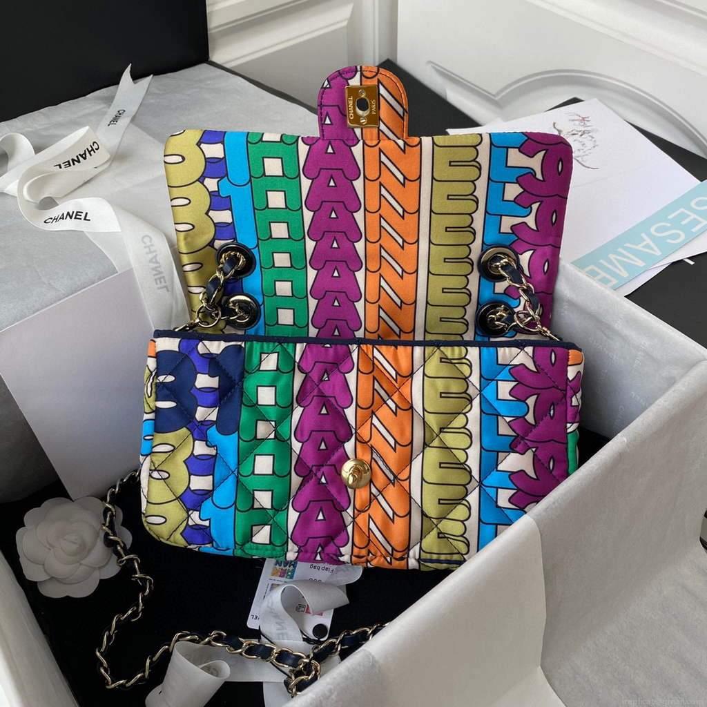 Chanel AS2897 Flap Bag Printed Fabric Gold Tone Metal Multicolor