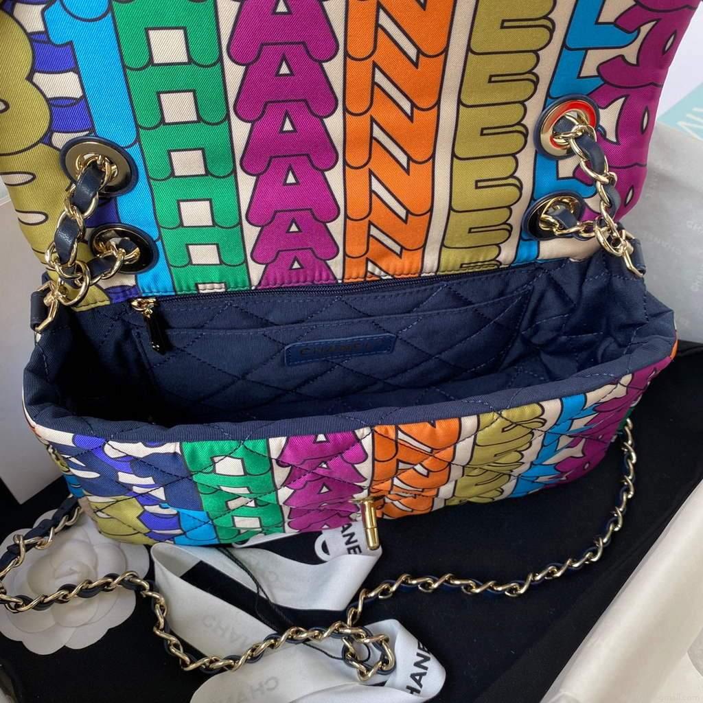Chanel AS2897 Flap Bag Printed Fabric Gold Tone Metal Multicolor
