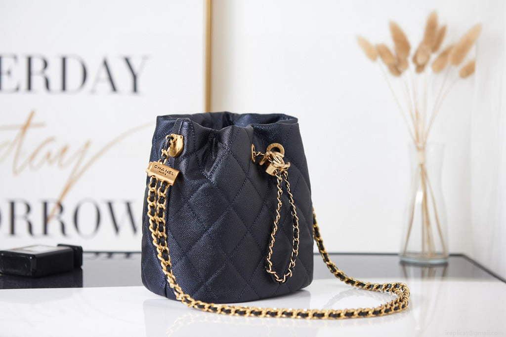 Chanel AS2859 Bucket Bag Shoulder Bag Shiny Grained Calfskin Navy Blue
