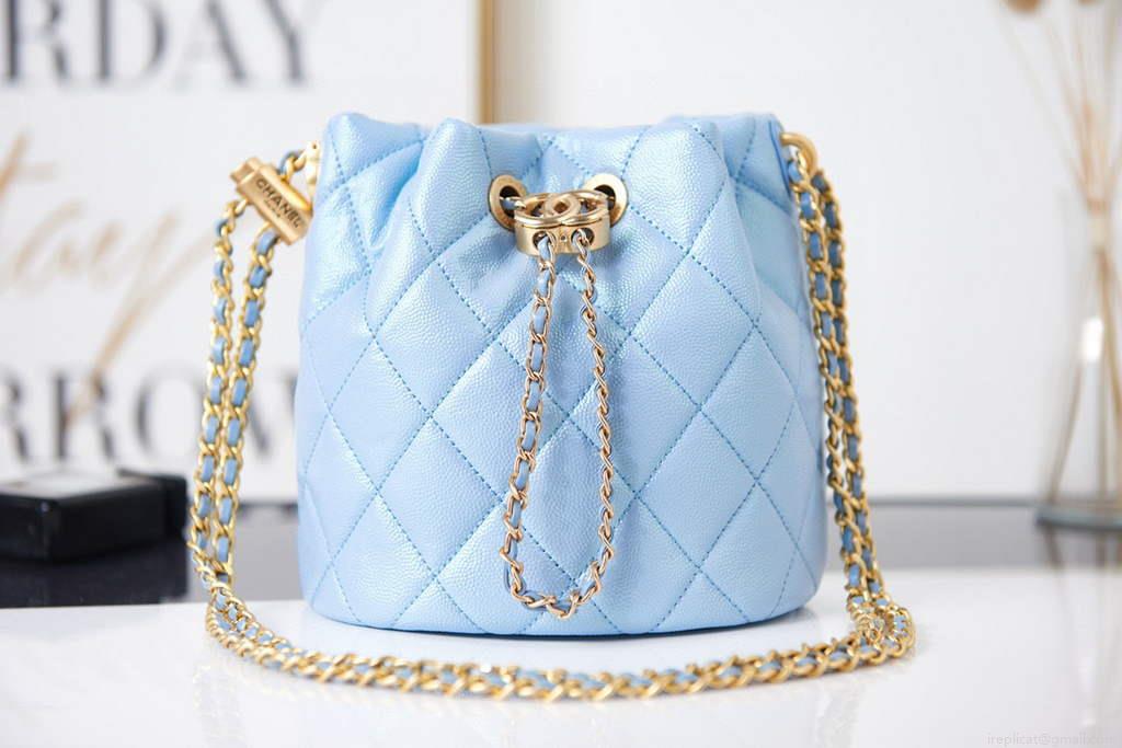 Chanel AS2859 Bucket Bag Shoulder Bag Shiny Grained Calfskin Light Blue