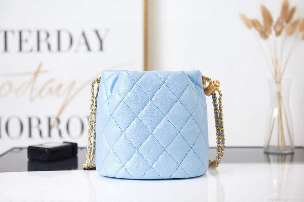 Chanel AS2859 Bucket Bag Shoulder Bag Shiny Grained Calfskin Light Blue