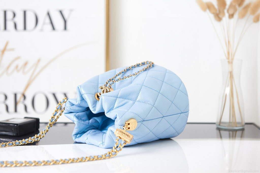 Chanel AS2859 Bucket Bag Shoulder Bag Shiny Grained Calfskin Light Blue
