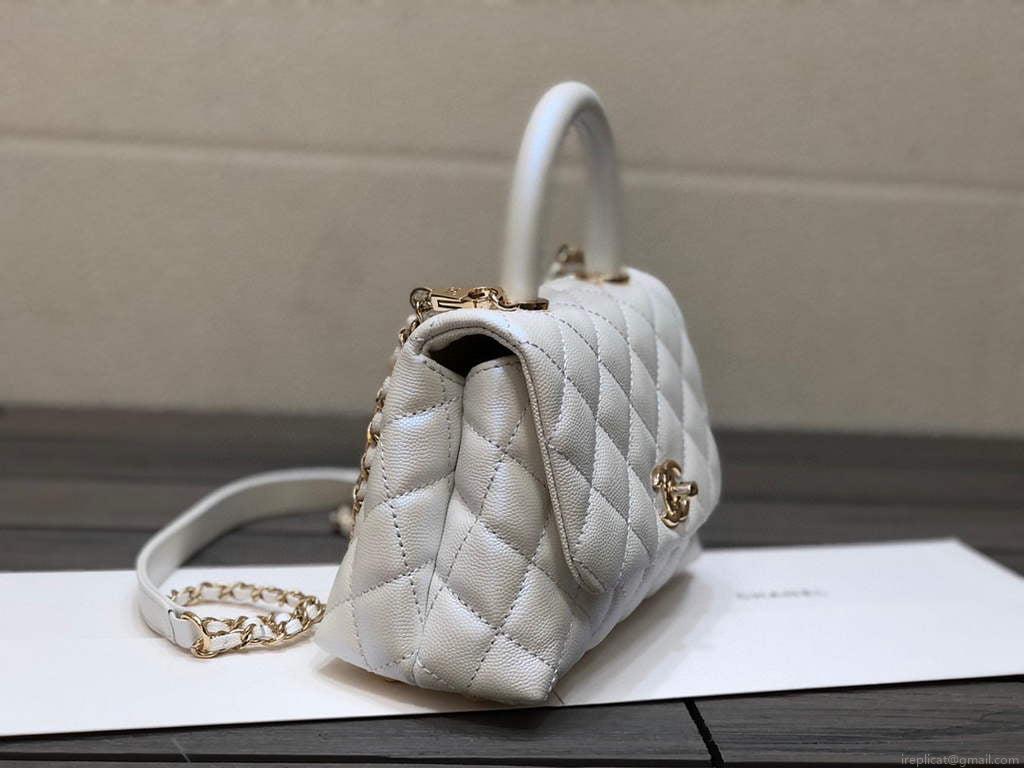 Chanel AS2215 mini flap bag with top handle Bag Silver White