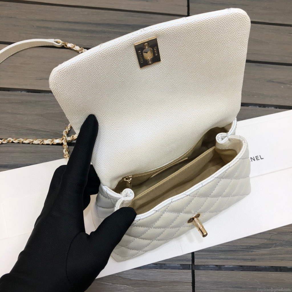 Chanel AS2215 mini flap bag with top handle Bag Silver White