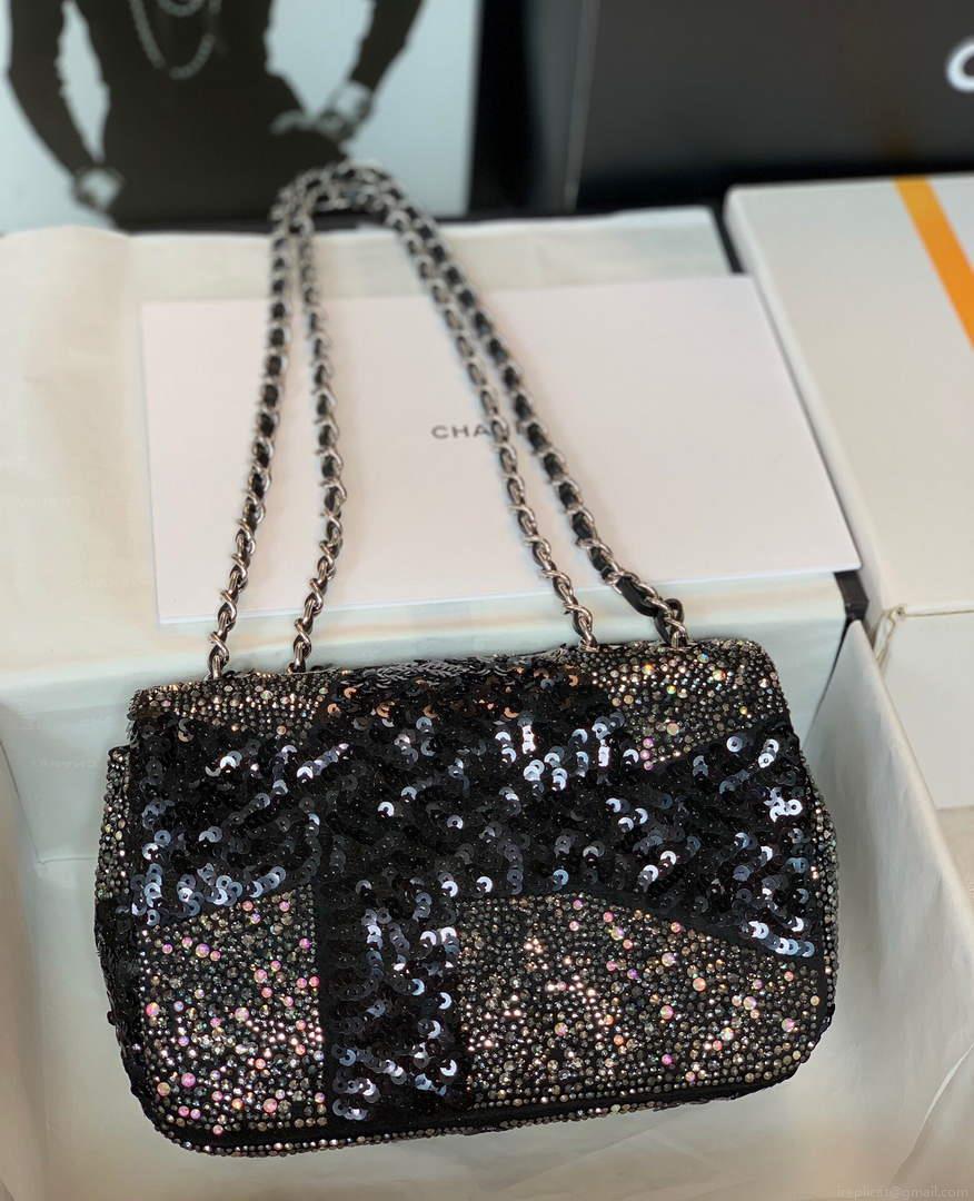 Chanel 2022 CF Flap Rhinestone Limited Edition Bag Sequins Black