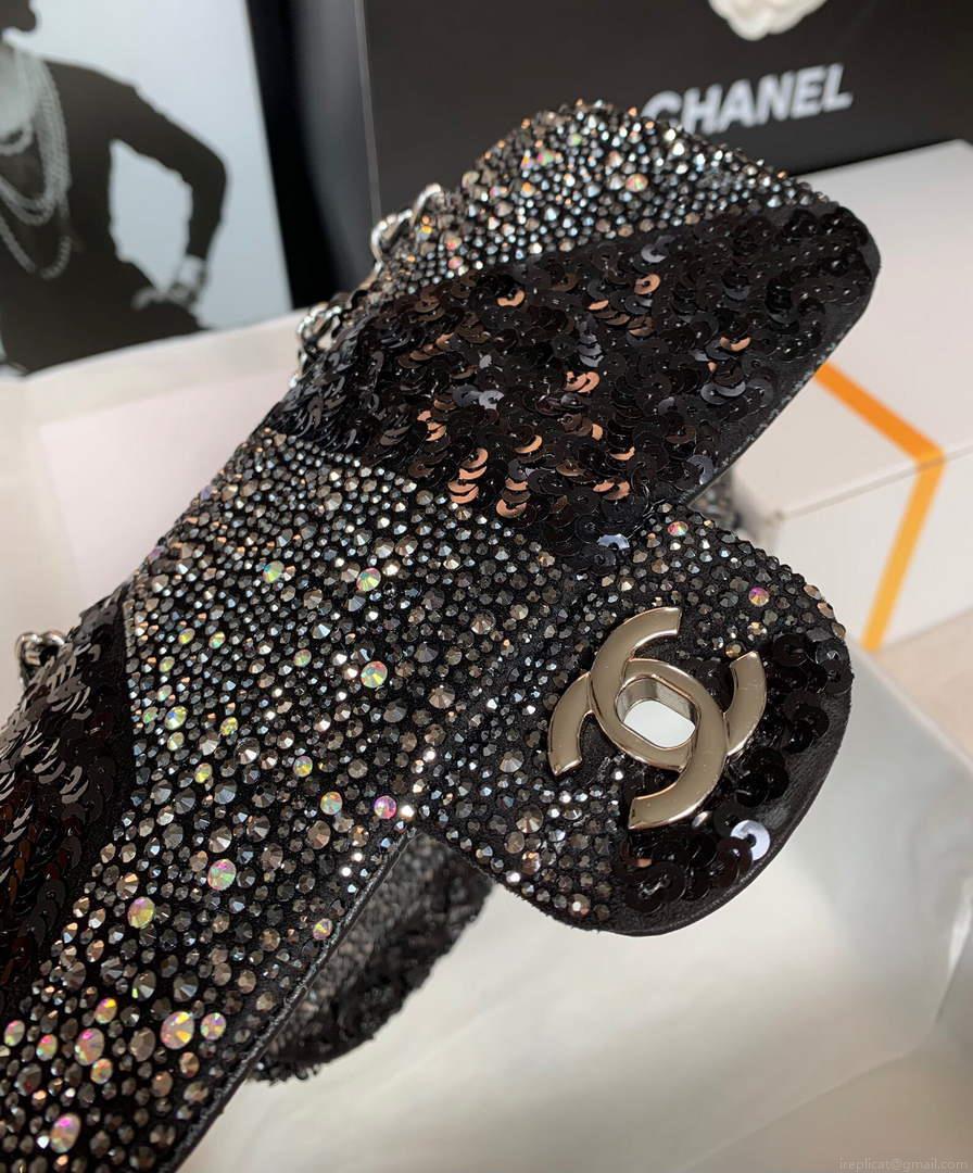 Chanel 2022 CF Flap Rhinestone Limited Edition Bag Sequins Black