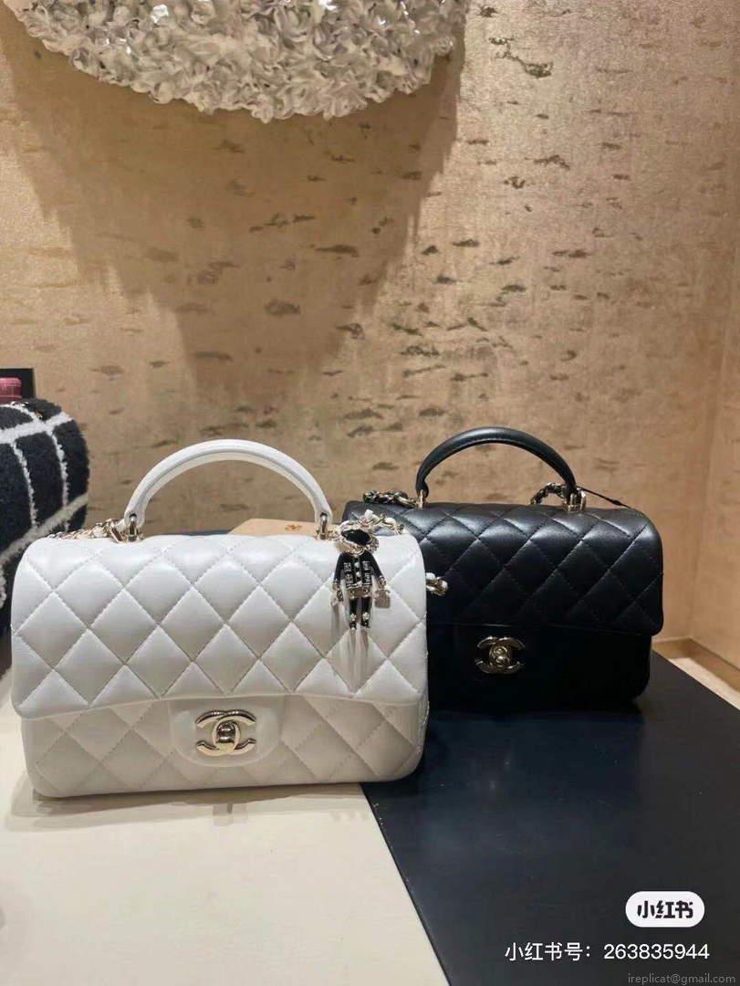 Chanel AS2431 Mini flap Lambskin bag with top handle White Lion Bright Gold