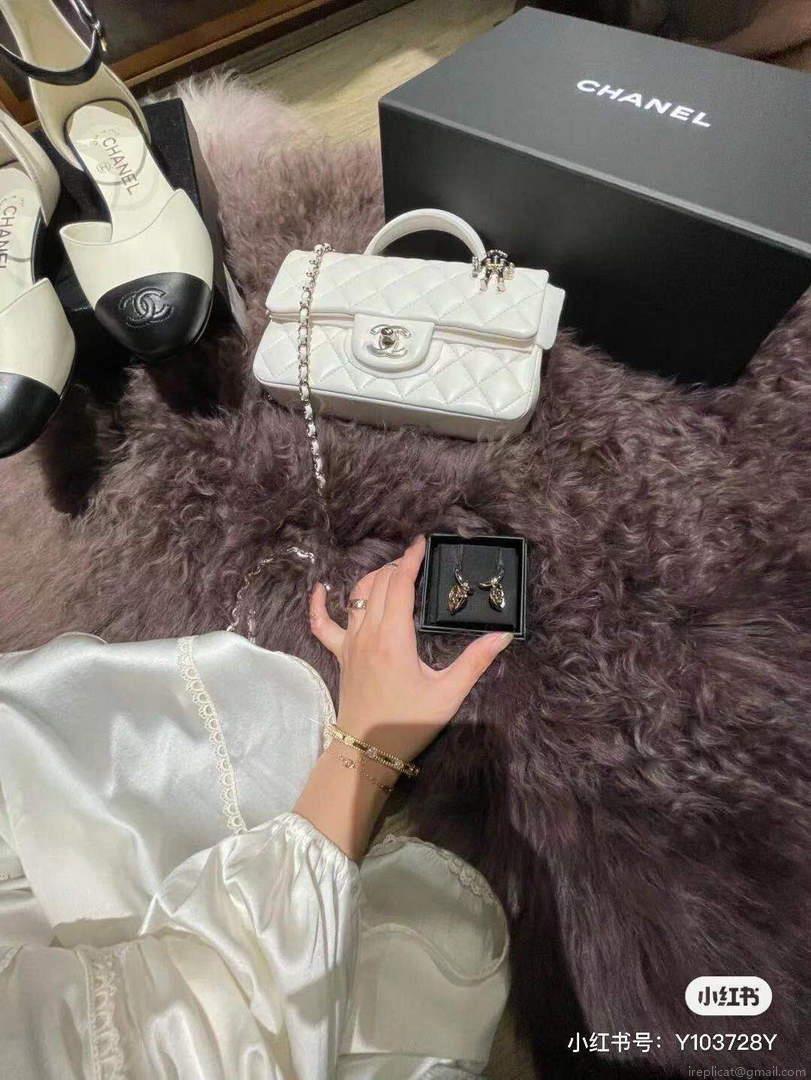 Chanel AS2431 Mini flap Lambskin bag with top handle White Lion Bright Gold
