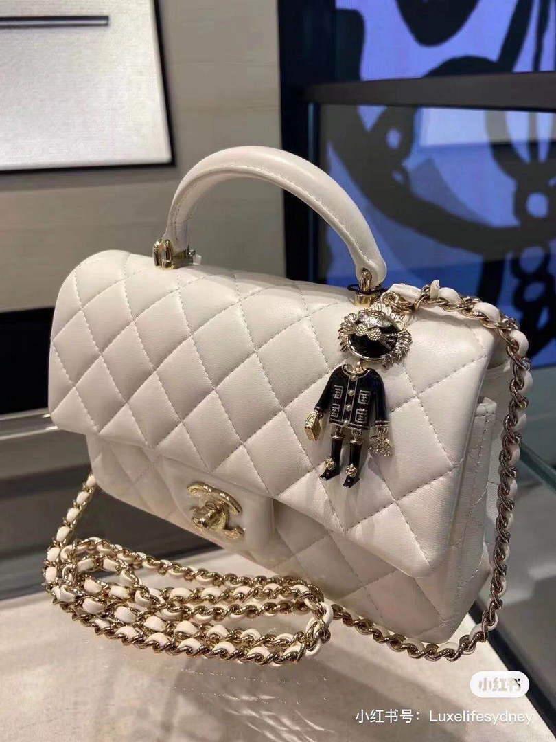 Chanel AS2431 Mini flap Lambskin bag with top handle White Lion Bright Gold