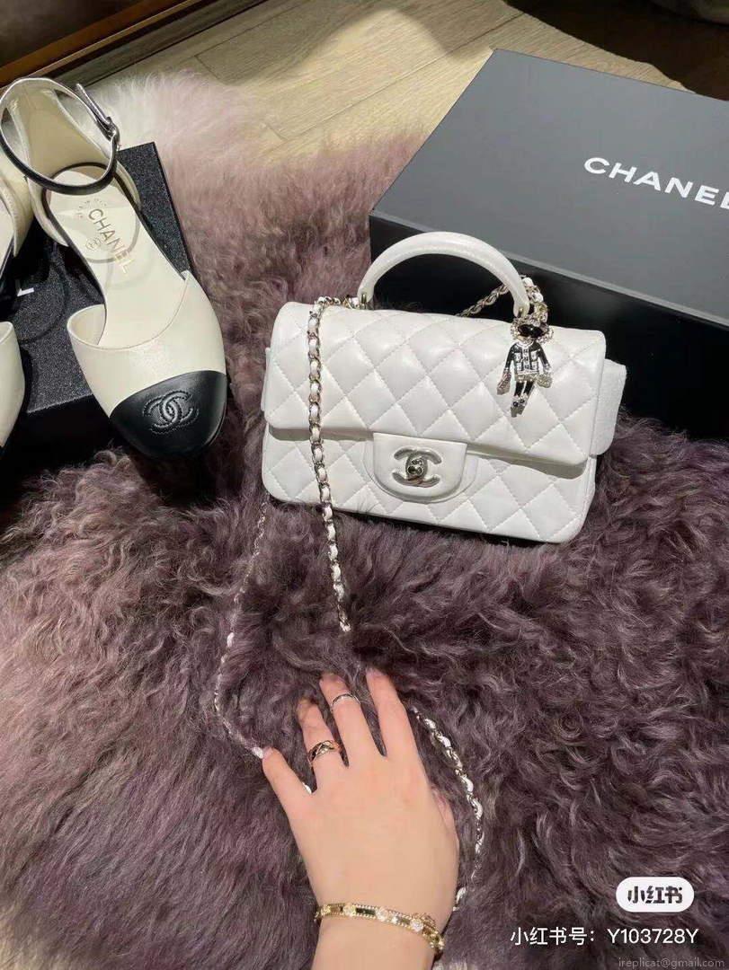 Chanel AS2431 Mini flap Lambskin bag with top handle White Lion Bright Gold