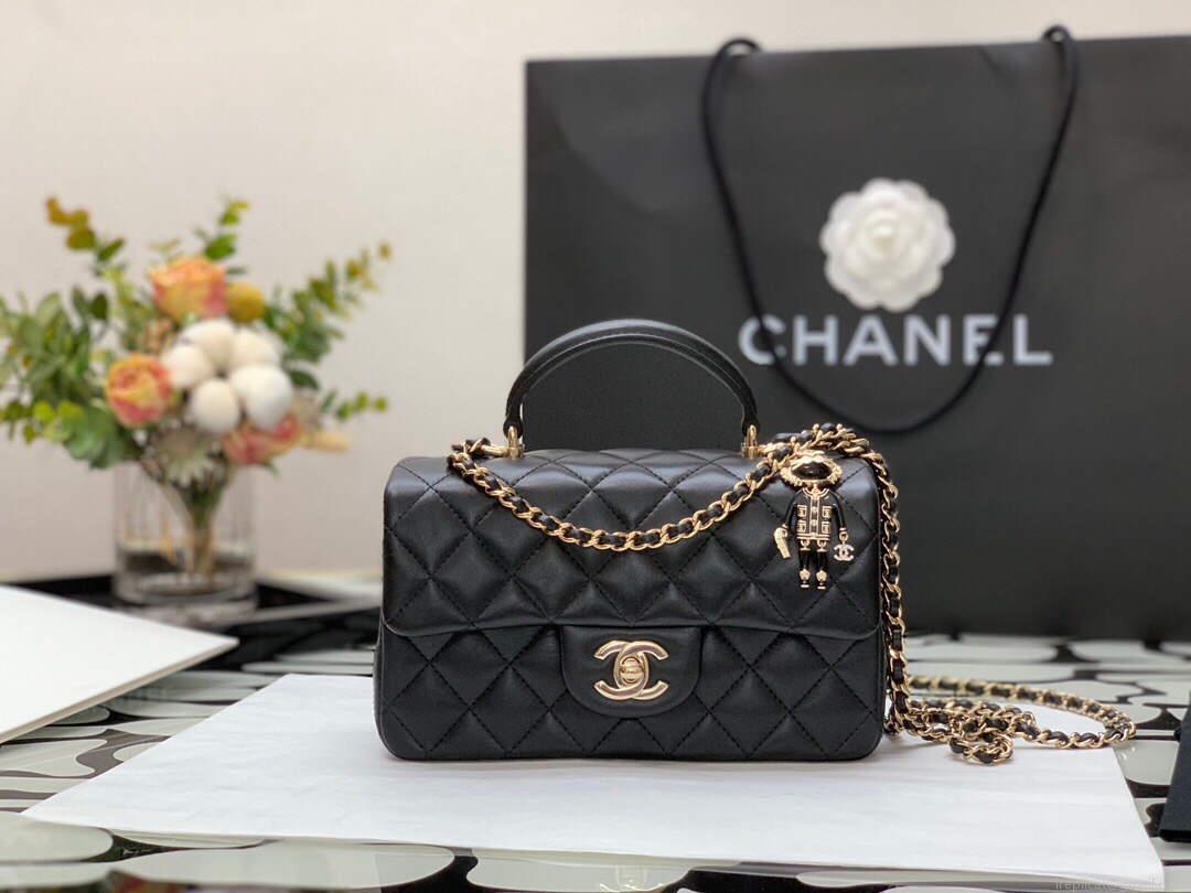 Chanel AS2431 Mini flap Lambskin bag with top handle Black Lion Bright Gold