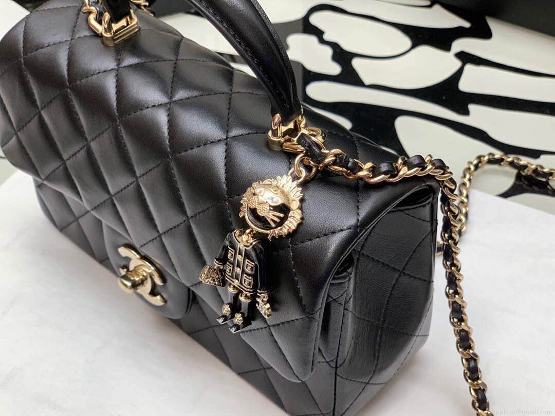 Chanel AS2431 Mini flap Lambskin bag with top handle Black Lion Bright Gold