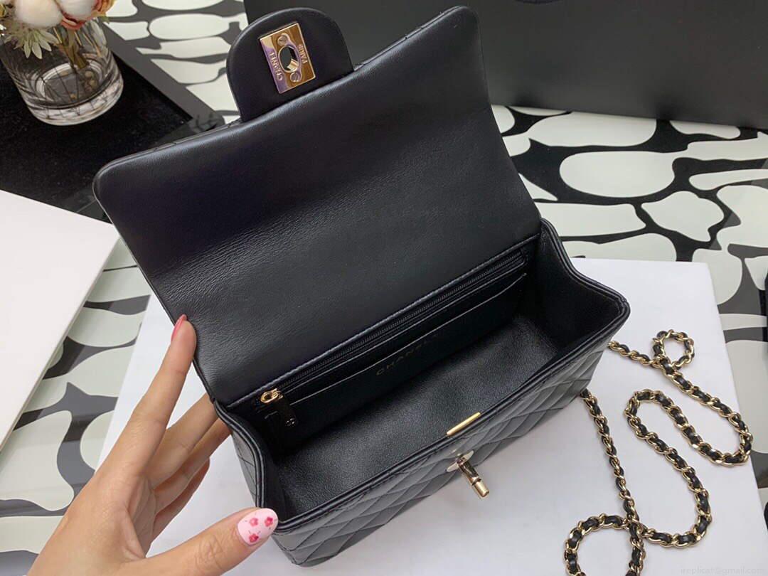 Chanel AS2431 Mini flap Lambskin bag with top handle Black Lion Bright Gold
