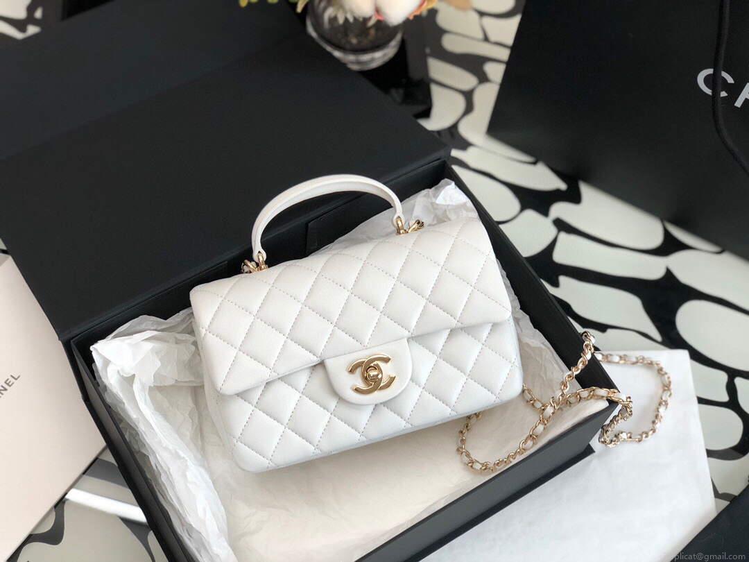 Chanel AS2431 Mini flap Lambskin bag with top handle White Light gold