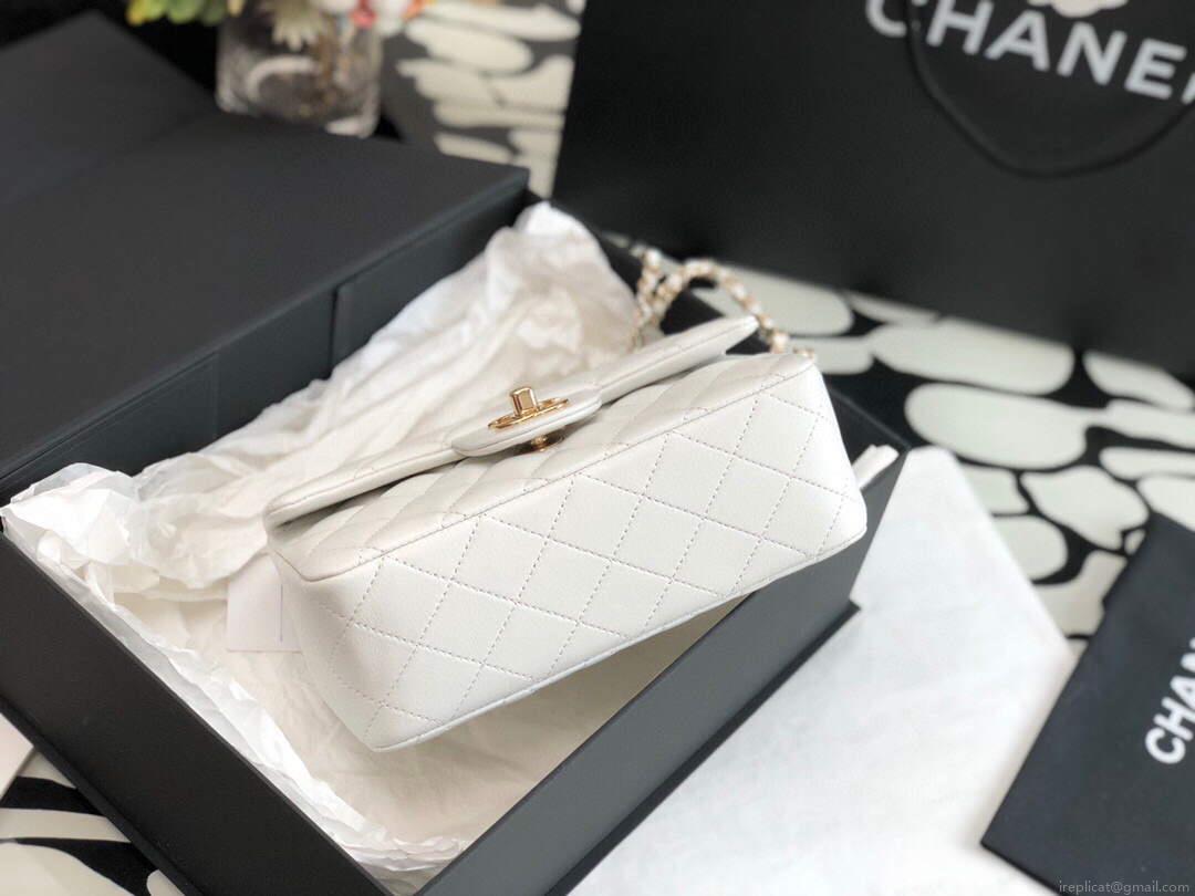 Chanel AS2431 Mini flap Lambskin bag with top handle White Light gold
