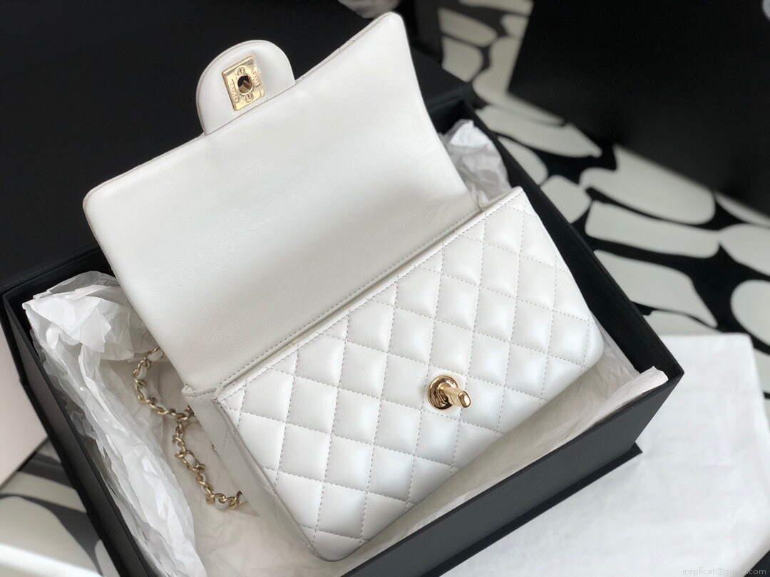 Chanel AS2431 Mini flap Lambskin bag with top handle White Light gold