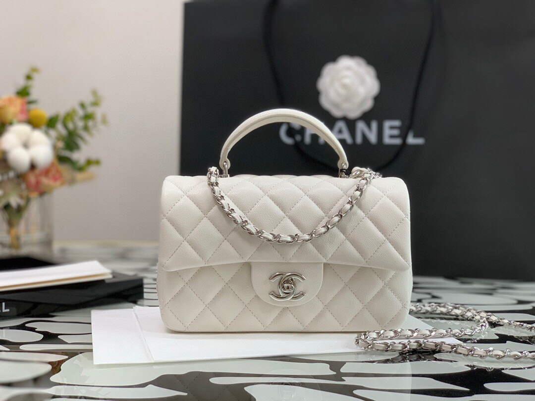 Chanel AS2431 Mini flap Calfskin bag with top handle White Light Silver
