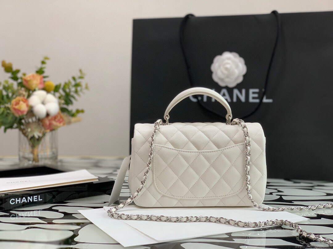 Chanel AS2431 Mini flap Calfskin bag with top handle White Light Silver