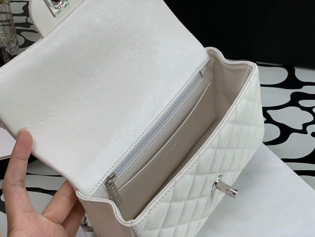 Chanel AS2431 Mini flap Calfskin bag with top handle White Light Silver