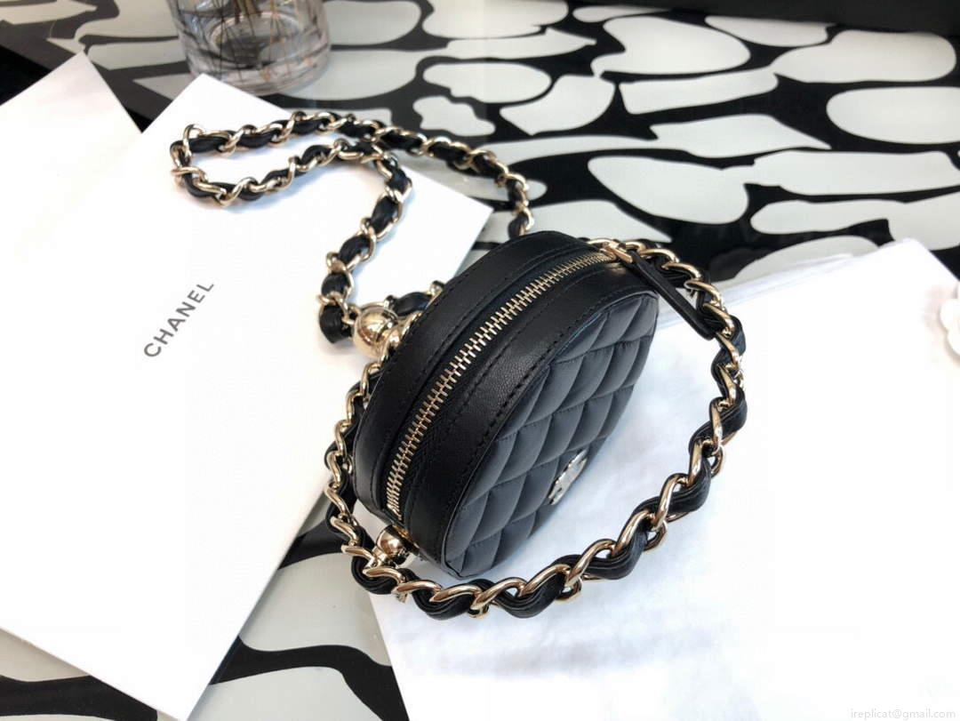 Chanel A99131 Small Round Bag Lambskin Black Shiny Gold