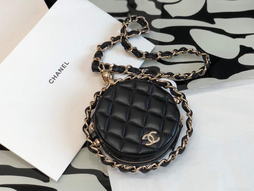 Chanel A99131 Small Round Bag Lambskin Black Shiny Gold
