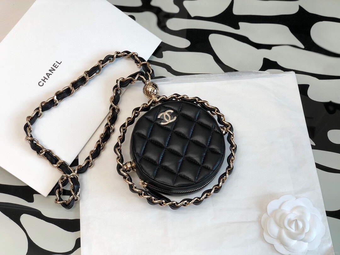 Chanel A99131 Small Round Bag Lambskin Black Shiny Gold