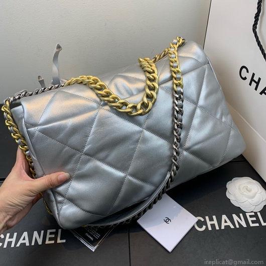 Chanel 19 Maxi Handbag Lambskin Gold AS1162 Silvery