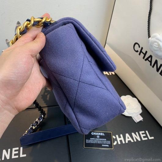 Chanel 19 Large Handbag Velvet Gold AS1161 Blue