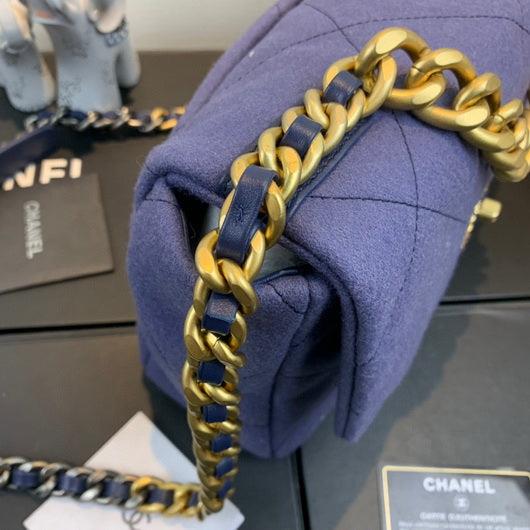 Chanel 19 Large Handbag Velvet Gold AS1161 Blue