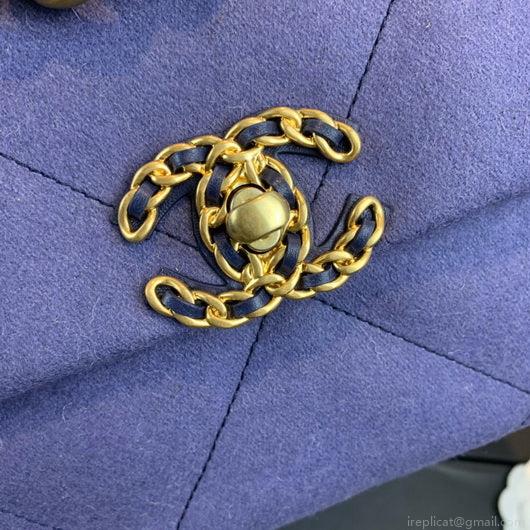 Chanel 19 Large Handbag Velvet Gold AS1161 Blue