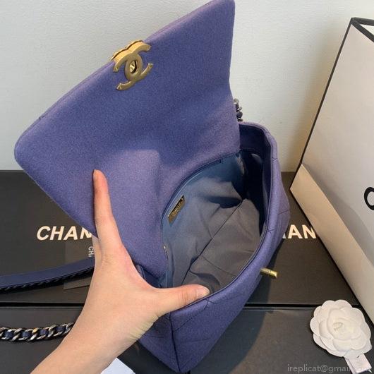 Chanel 19 Large Handbag Velvet Gold AS1161 Blue