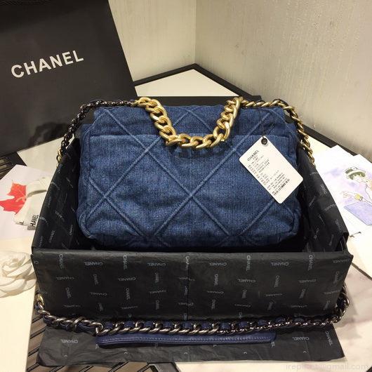 Chanel 19 Large Handbag Denim Canvas Gold AS1161 Blue