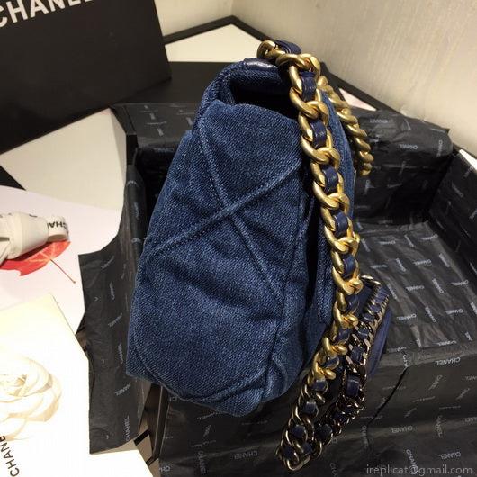 Chanel 19 Large Handbag Denim Canvas Gold AS1161 Blue