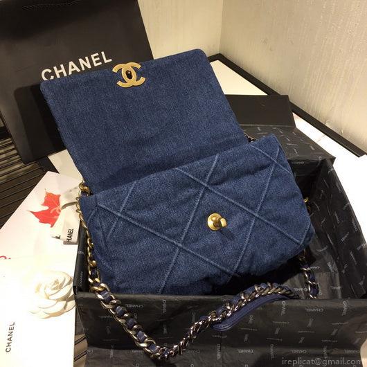 Chanel 19 Large Handbag Denim Canvas Gold AS1161 Blue