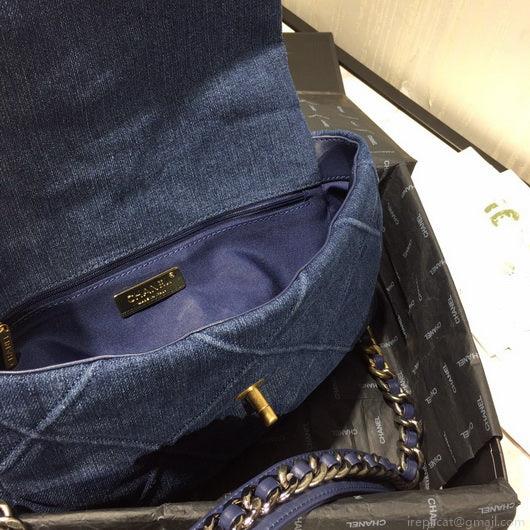 Chanel 19 Large Handbag Denim Canvas Gold AS1161 Blue