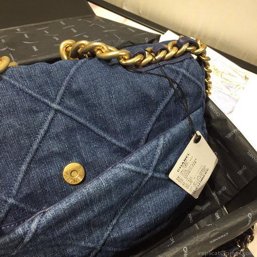 Chanel 19 Large Handbag Denim Canvas Gold AS1161 Blue