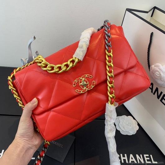 Chanel 19 Large Handbag Lambskin Gold AS1161 Red