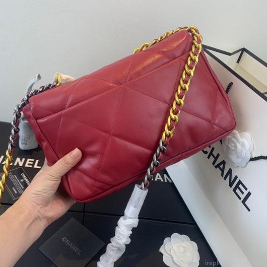 Chanel 19 Large Handbag Lambskin Gold AS1161 Wind Red
