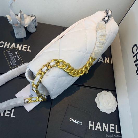 Chanel 19 Large Handbag Lambskin Gold AS1161 White