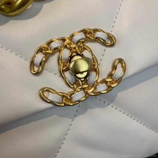 Chanel 19 Large Handbag Lambskin Gold AS1161 White