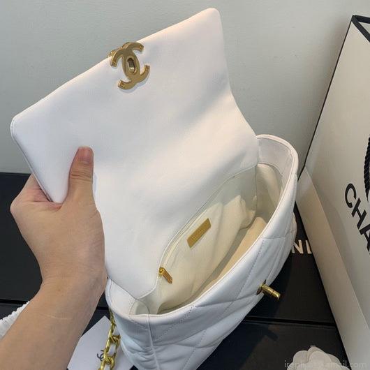 Chanel 19 Large Handbag Lambskin Gold AS1161 White