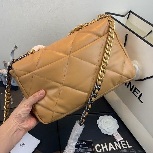 Chanel 19 Large Handbag Lambskin Gold AS1161 Tan