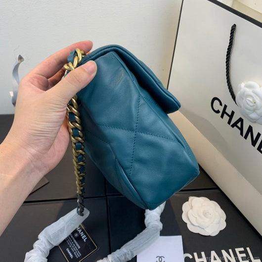 Chanel 19 Large Handbag Lambskin Gold AS1161 Lake Blue