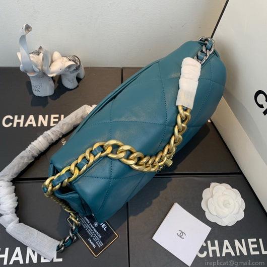 Chanel 19 Large Handbag Lambskin Gold AS1161 Lake Blue