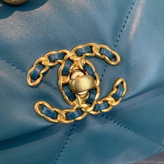 Chanel 19 Large Handbag Lambskin Gold AS1161 Lake Blue