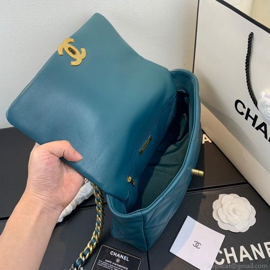 Chanel 19 Large Handbag Lambskin Gold AS1161 Lake Blue