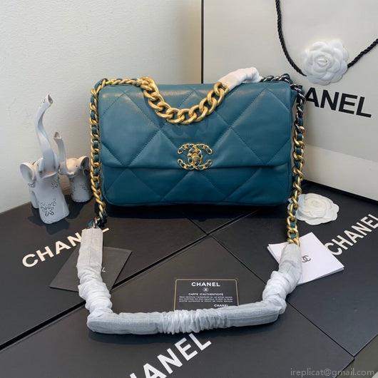 Chanel 19 Large Handbag Lambskin Gold AS1161 Lake Blue
