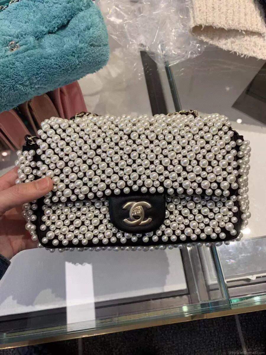 Chanel Flap Handbag Pearl Bag leather Lambskin Gold